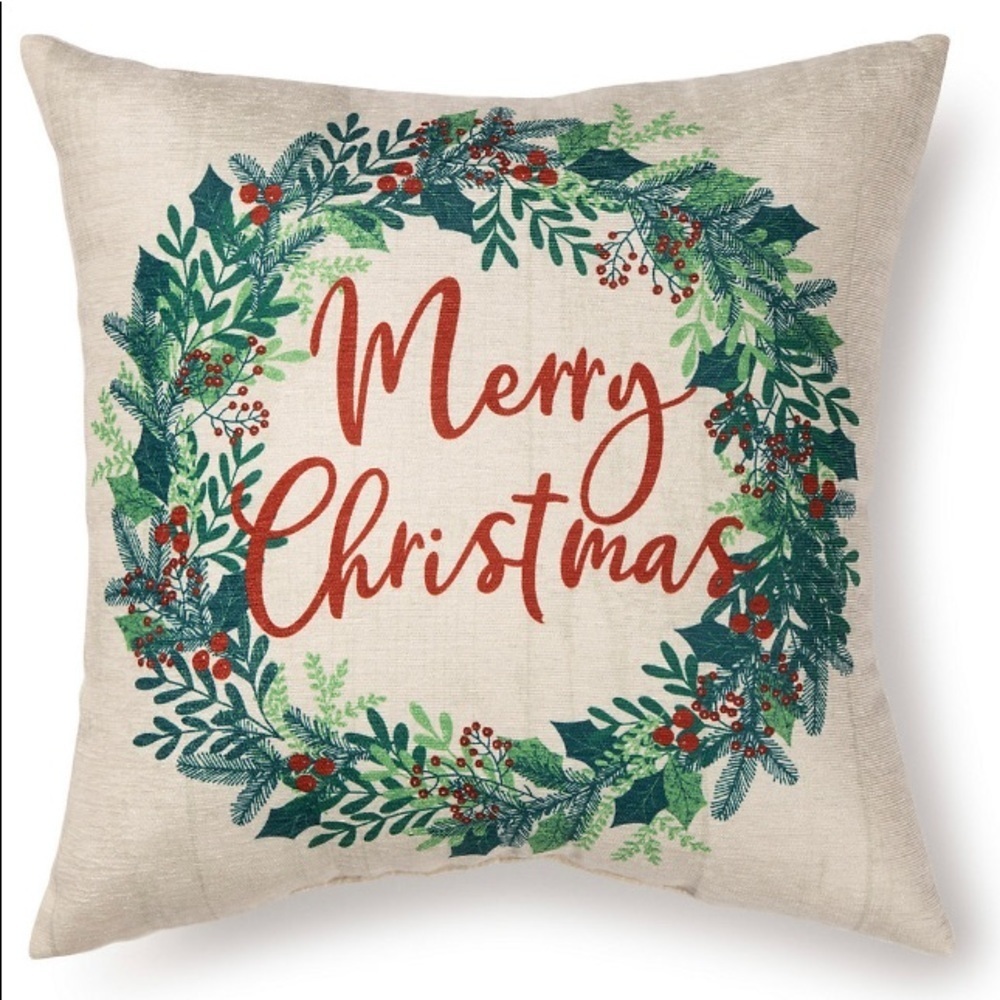 Holiday Wreath Printed Merry Christmas Throw Pillow